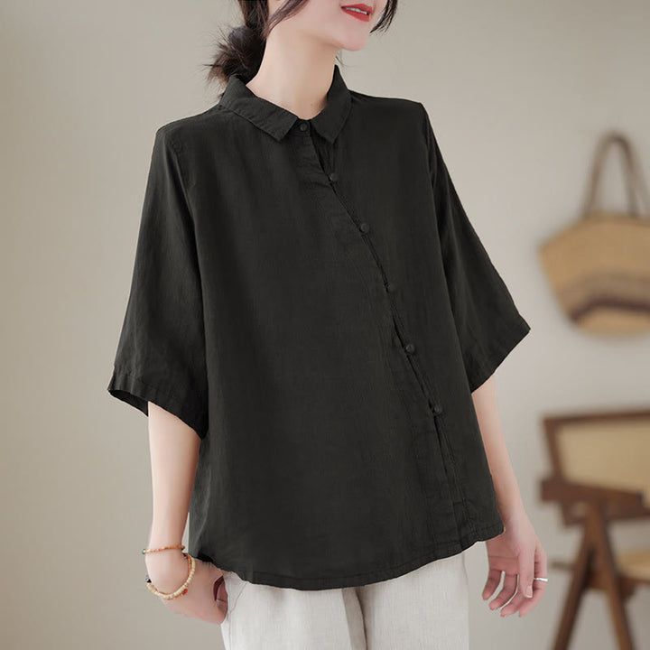 Buddha Stones Camisa de algodón para mujer con solapa, botones de rana, diseño de tapeta diagonal y manga tres cuartos - Negro - US8-10，UK/AU12-14，EU40-42 (2XL) - image 10