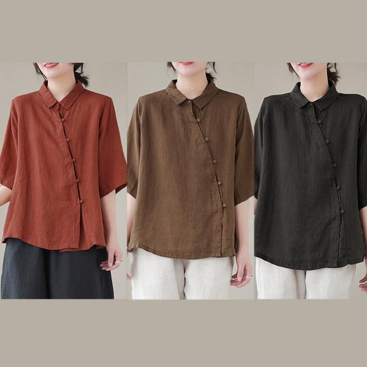 Buddha Stones Camisa de algodón para mujer con solapa, botones de rana, diseño de tapeta diagonal y manga tres cuartos - image 19