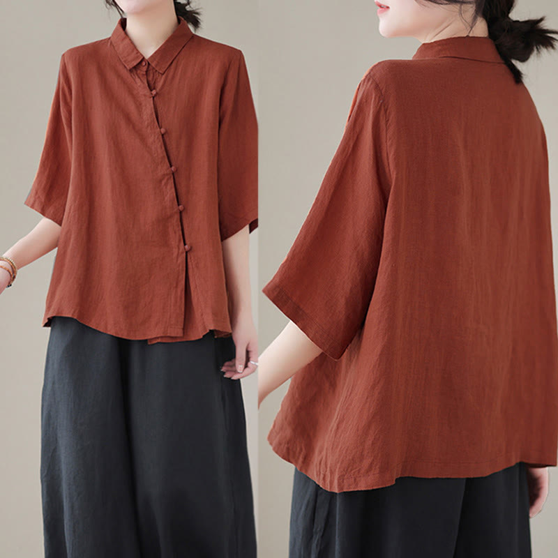 Buddha Stones Camisa de algodón para mujer con solapa, botones de rana, diseño de tapeta diagonal y manga tres cuartos - image 4
