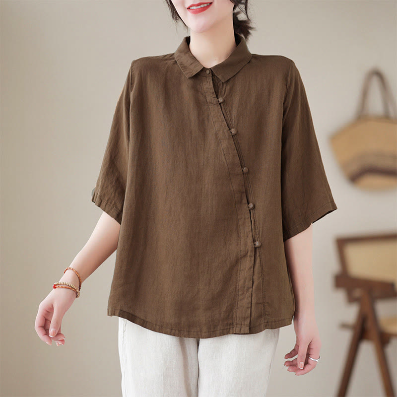 Buddha Stones Camisa de algodón para mujer con solapa, botones de rana, diseño de tapeta diagonal y manga tres cuartos - SaddleBrown - US8-10，UK/AU12-14，EU40-42 (2XL) - image 13