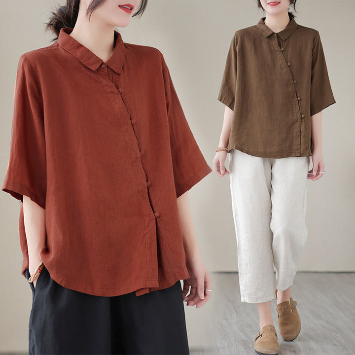 Buddha Stones Camisa de algodón para mujer con solapa, botones de rana, diseño de tapeta diagonal y manga tres cuartos - image 18
