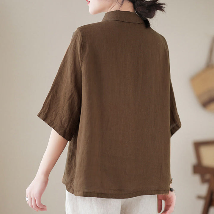 Buddha Stones Camisa de algodón para mujer con solapa, botones de rana, diseño de tapeta diagonal y manga tres cuartos - image 15