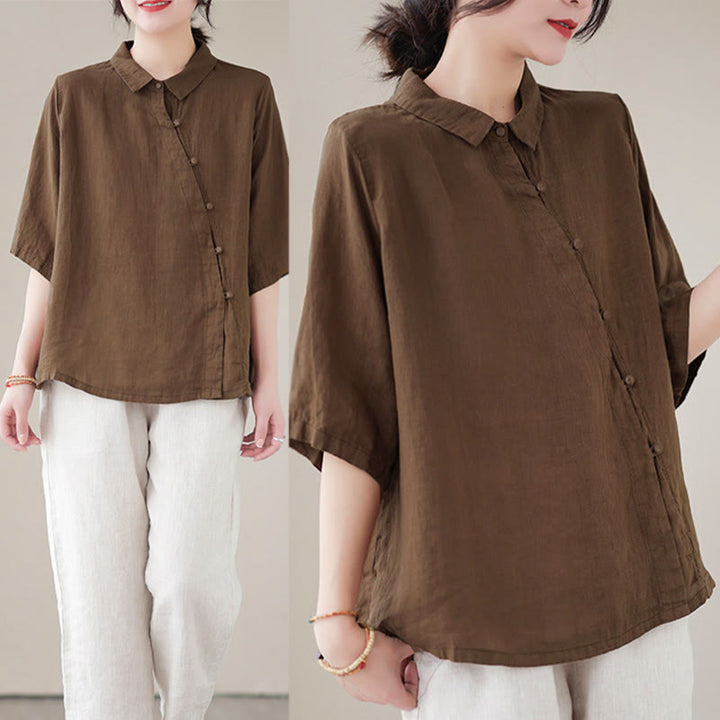 Buddha Stones Camisa de algodón para mujer con solapa, botones de rana, diseño de tapeta diagonal y manga tres cuartos - image 17