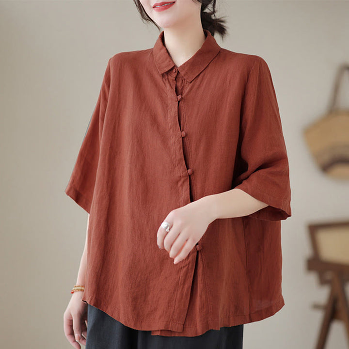 Buddha Stones Camisa de algodón para mujer con solapa, botones de rana, diseño de tapeta diagonal y manga tres cuartos - image 1
