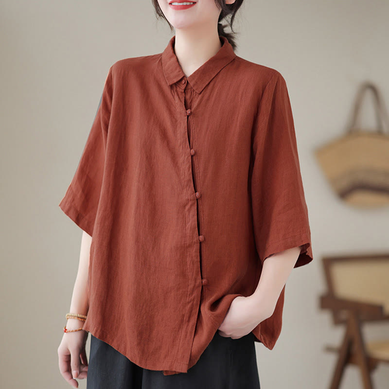 Buddha Stones Camisa de algodón para mujer con solapa, botones de rana, diseño de tapeta diagonal y manga tres cuartos - image 3