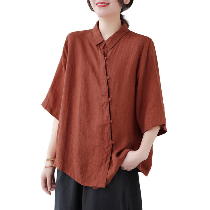 Buddha Stones Camisa de algodón para mujer con solapa, botones de rana, diseño de tapeta diagonal y manga tres cuartos - image 9