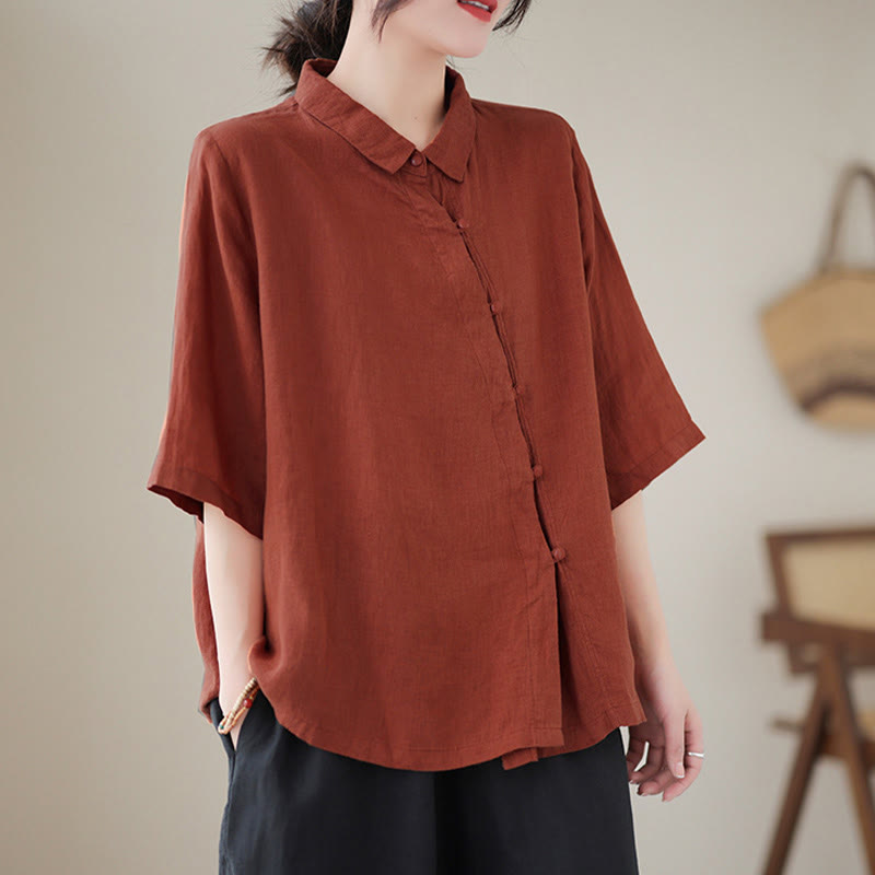 Buddha Stones Camisa de algodón para mujer con solapa, botones de rana, diseño de tapeta diagonal y manga tres cuartos - image 2