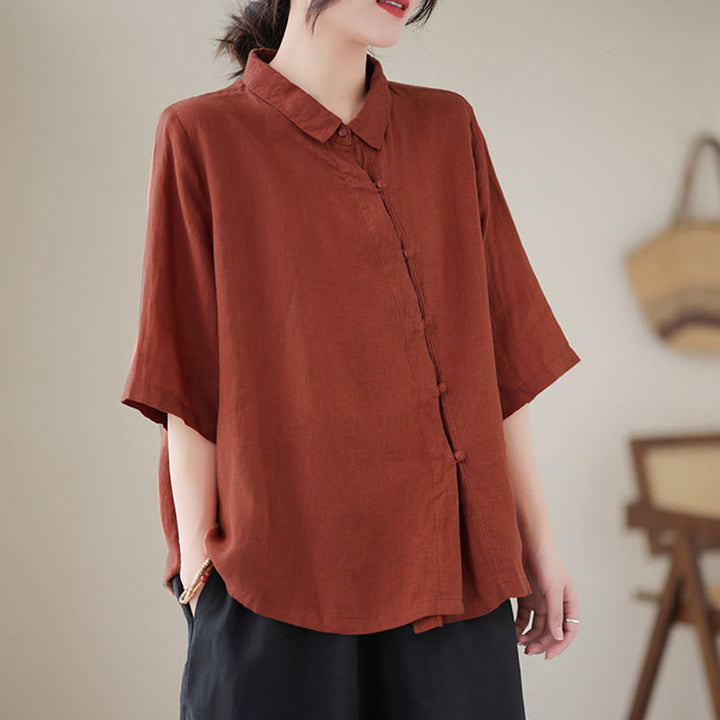 Buddha Stones Camisa de algodón para mujer con solapa, botones de rana, diseño de tapeta diagonal y manga tres cuartos - image 2