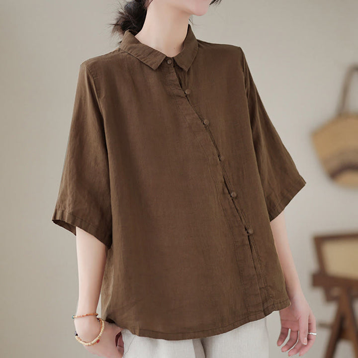 Buddha Stones Camisa de algodón para mujer con solapa, botones de rana, diseño de tapeta diagonal y manga tres cuartos - image 16