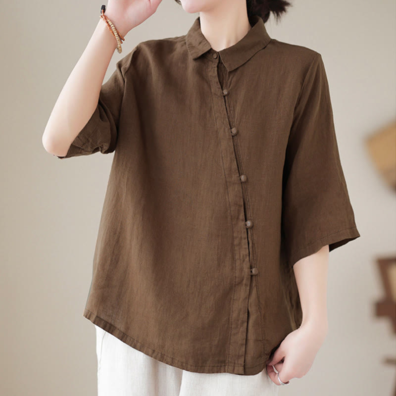 Buddha Stones Camisa de algodón para mujer con solapa, botones de rana, diseño de tapeta diagonal y manga tres cuartos - image 14