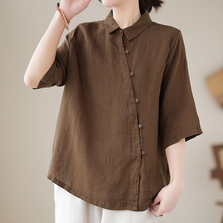 Buddha Stones Camisa de algodón para mujer con solapa, botones de rana, diseño de tapeta diagonal y manga tres cuartos - image 14