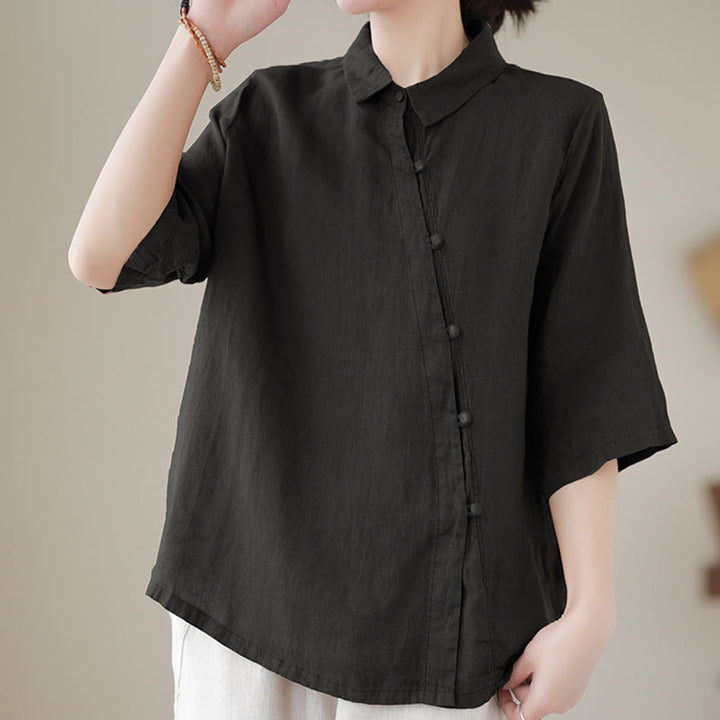 Buddha Stones Camisa de algodón para mujer con solapa, botones de rana, diseño de tapeta diagonal y manga tres cuartos - image 11