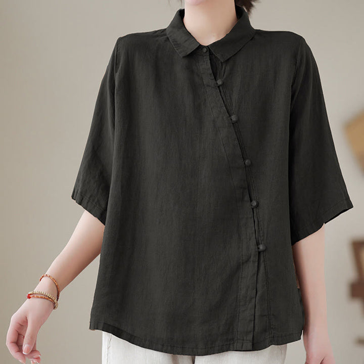 Buddha Stones Camisa de algodón para mujer con solapa, botones de rana, diseño de tapeta diagonal y manga tres cuartos - image 12
