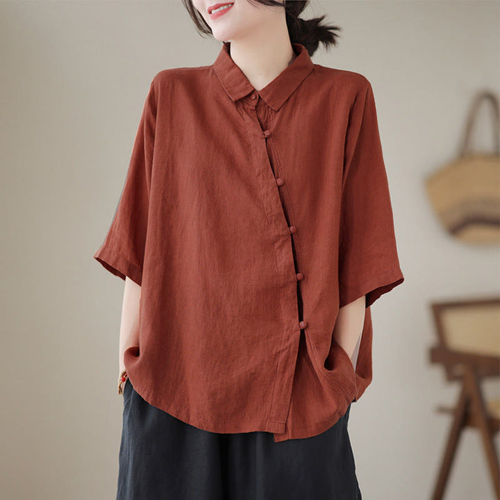 Buddha Stones Camisa de algodón para mujer con solapa, botones de rana, diseño de tapeta diagonal y manga tres cuartos - Ladrillo refractario - US8-10，UK/AU12-14，EU40-42 (2XL) - image 0