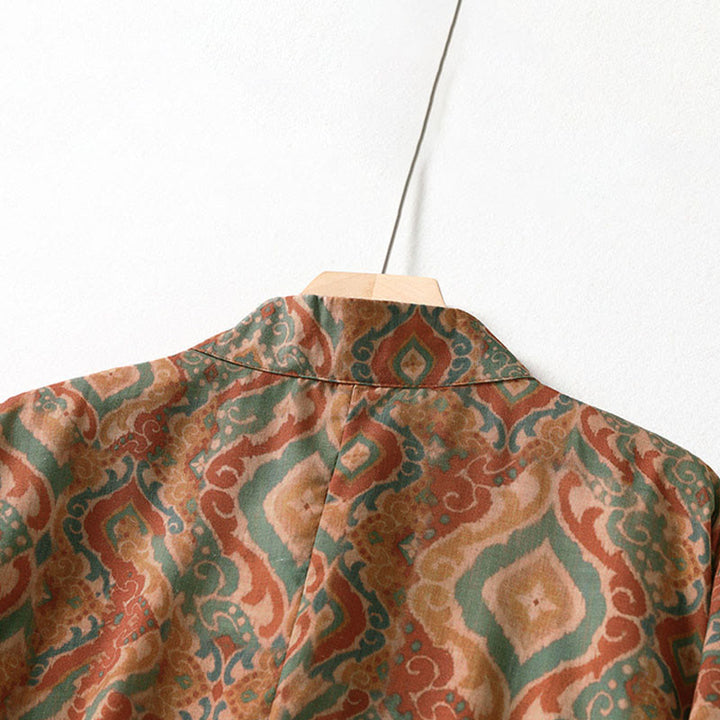 Buddha Stones Camisa de mujer con cuello alto, manga larga y botones de rana chinos estampados y bolsillos - image 3