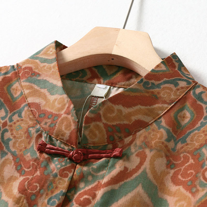 Buddha Stones Camisa de mujer con cuello alto, manga larga y botones de rana chinos estampados y bolsillos - image 2