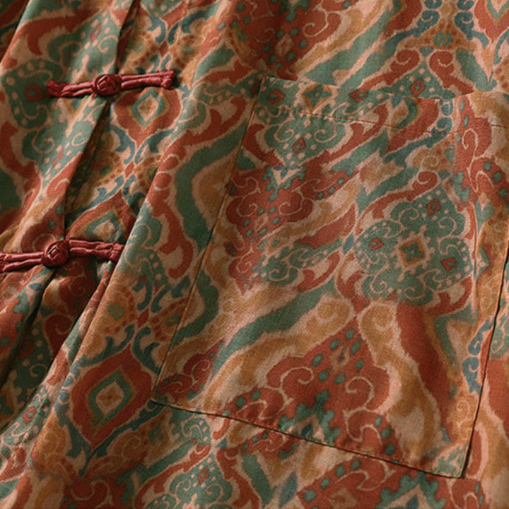 Buddha Stones Camisa de mujer con cuello alto, manga larga y botones de rana chinos estampados y bolsillos - image 5