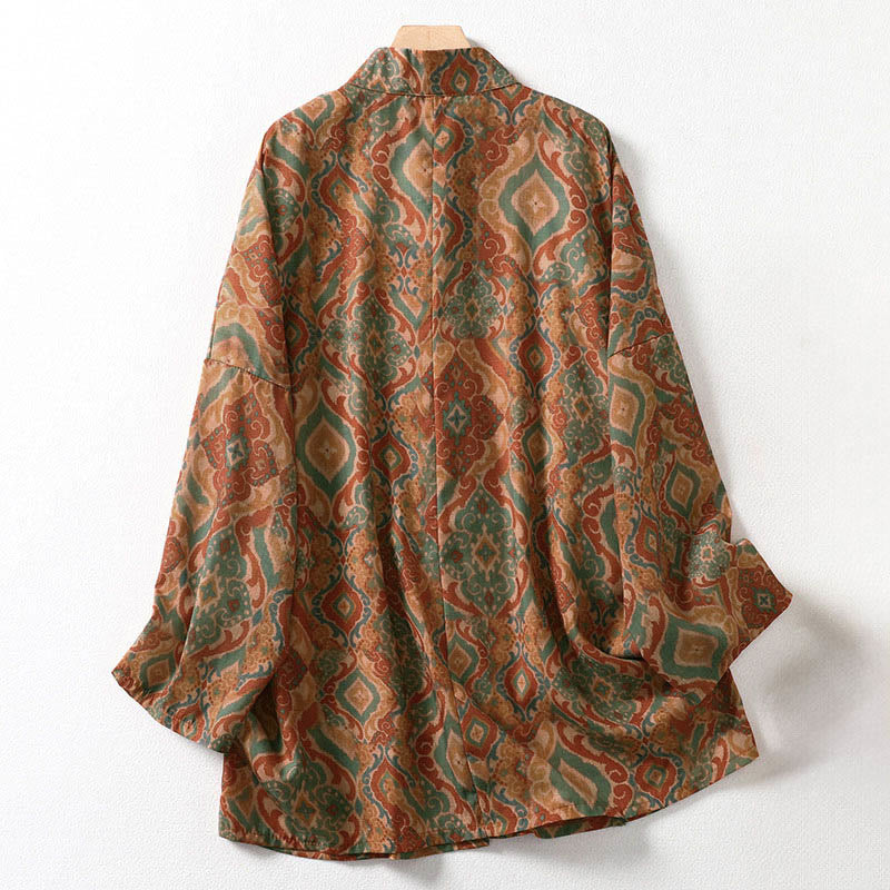 Buddha Stones Camisa de mujer con cuello alto, manga larga y botones de rana chinos estampados y bolsillos - image 1