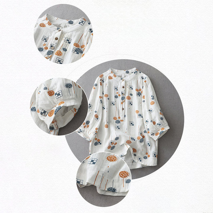 Buddha Stones Camisa de algodón para mujer con diseño estampado de medio botón y mangas fruncidas de tres cuartos - image 10