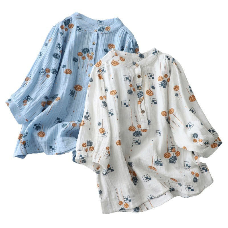 Buddha Stones Camisa de algodón para mujer con diseño estampado de medio botón y mangas fruncidas de tres cuartos - image 21