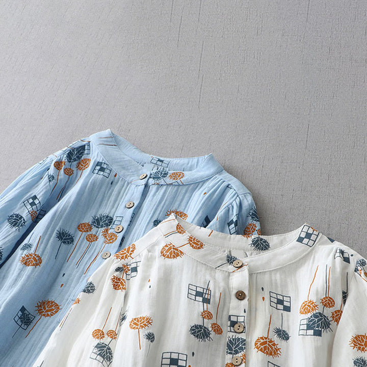 Buddha Stones Camisa de algodón para mujer con diseño estampado de medio botón y mangas fruncidas de tres cuartos - image 19