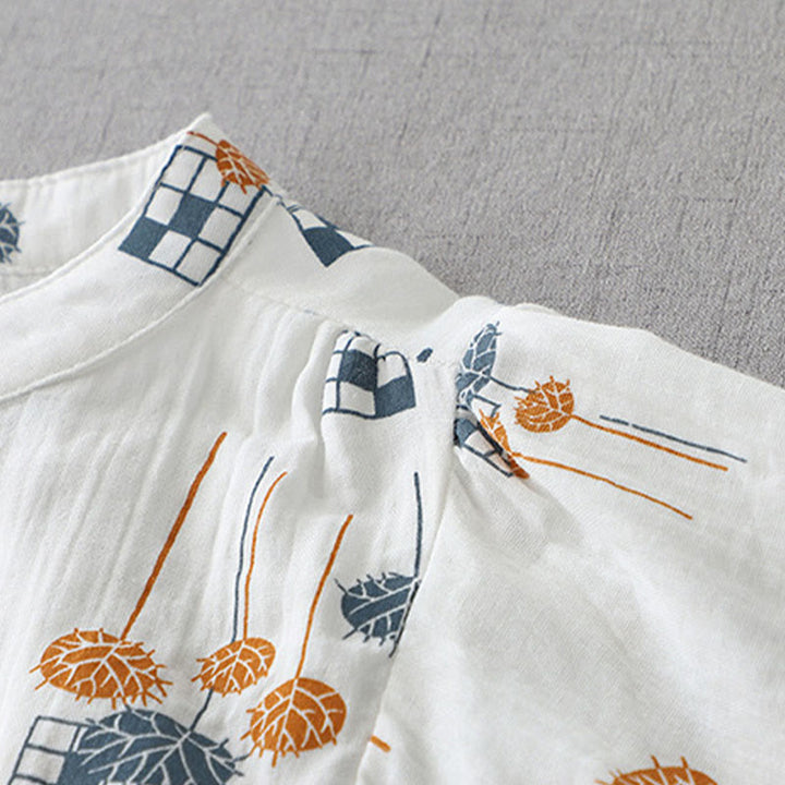 Buddha Stones Camisa de algodón para mujer con diseño estampado de medio botón y mangas fruncidas de tres cuartos - image 4