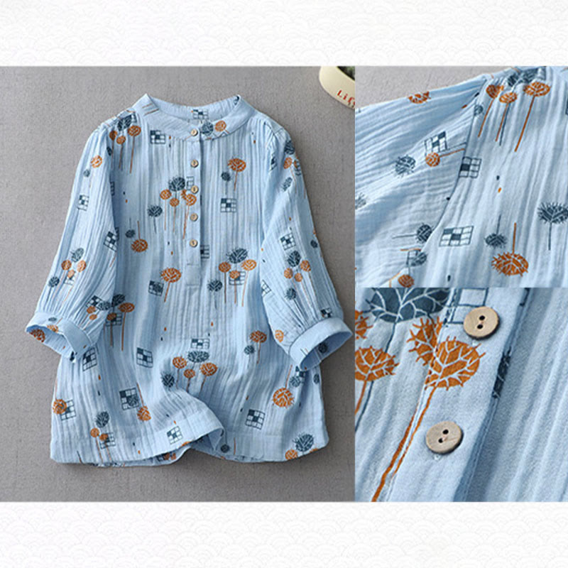 Buddha Stones Camisa de algodón para mujer con diseño estampado de medio botón y mangas fruncidas de tres cuartos - image 17