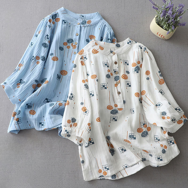 Buddha Stones Camisa de algodón para mujer con diseño estampado de medio botón y mangas fruncidas de tres cuartos - image 18