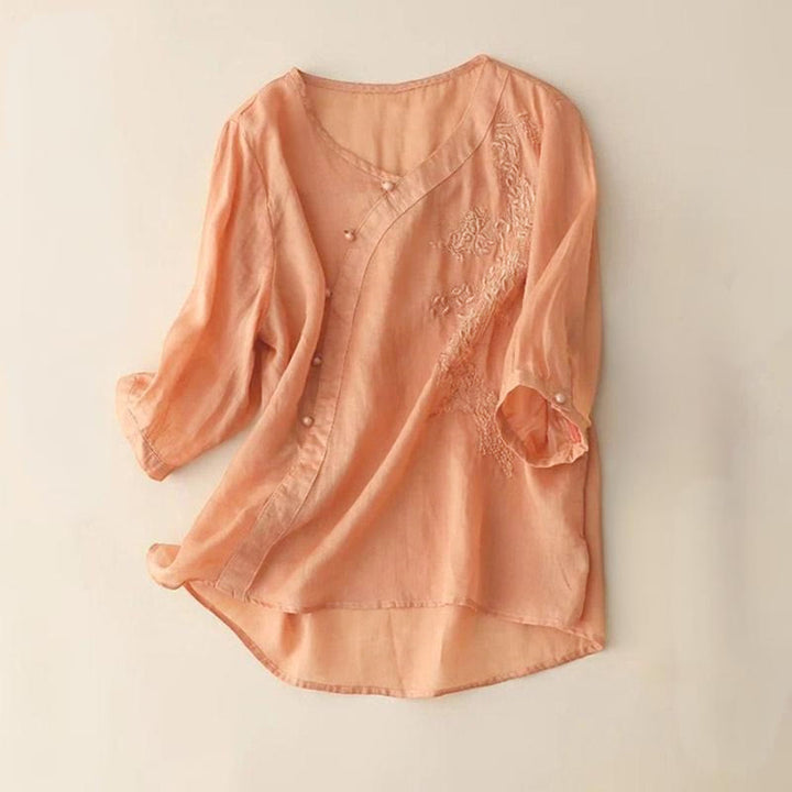 Camisa informal de manga corta con bordado de flores y botones de rana para mujer con Buddha Stones - Salmón claro - US14, UK/AU18, EU46 (4XL) - image 7