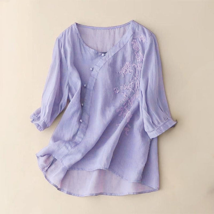 Camisa informal de manga corta con bordado de flores y botones de rana para mujer con Buddha Stones - Morado medio - US14, UK/AU18, EU46 (4XL) - image 2