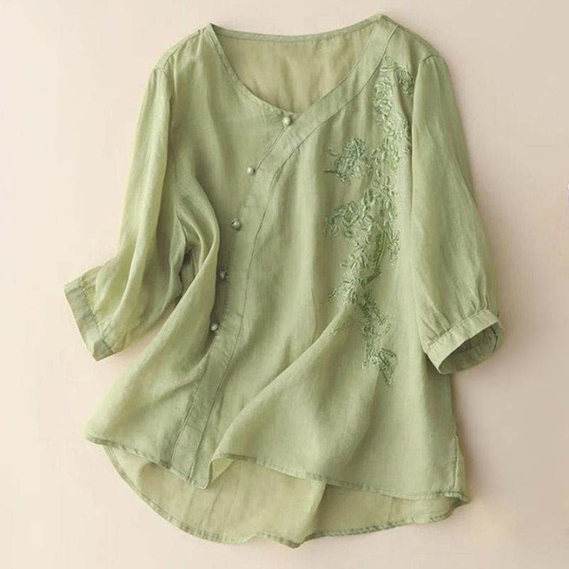 Camisa informal de manga corta con bordado de flores y botones de rana para mujer con Buddha Stones - Verde amarillento - US14, UK/AU18, EU46 (4XL) - image 0