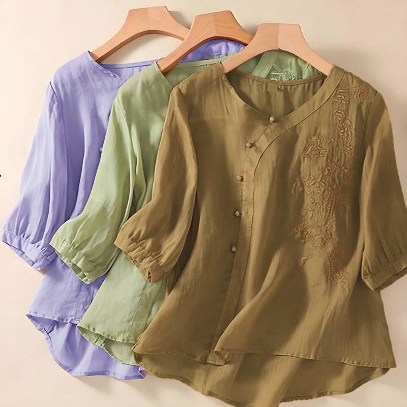 Camisa informal de manga corta con bordado de flores y botones de rana para mujer con Buddha Stones - image 9