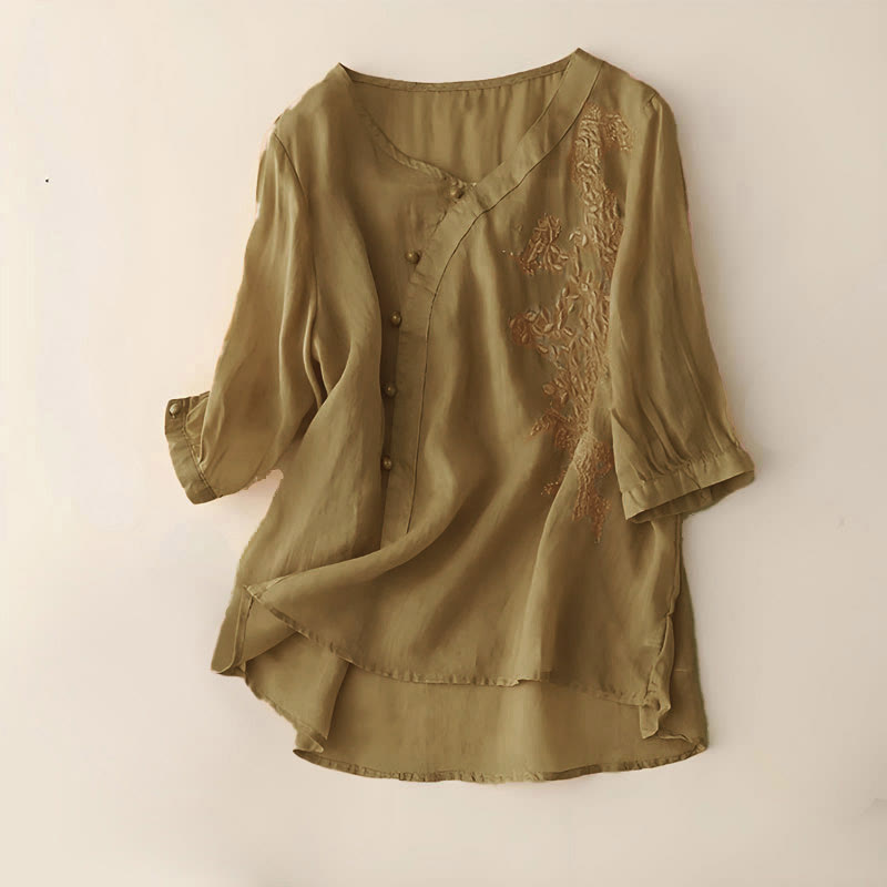 Camisa informal de manga corta con bordado de flores y botones de rana para mujer con Buddha Stones - Vara de oro oscura - US14, UK/AU18, EU46 (4XL) - image 5