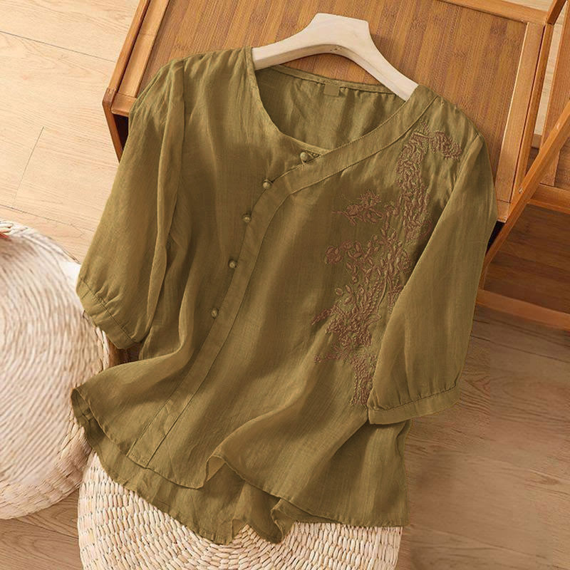 Camisa informal de manga corta con bordado de flores y botones de rana para mujer con Buddha Stones - image 6