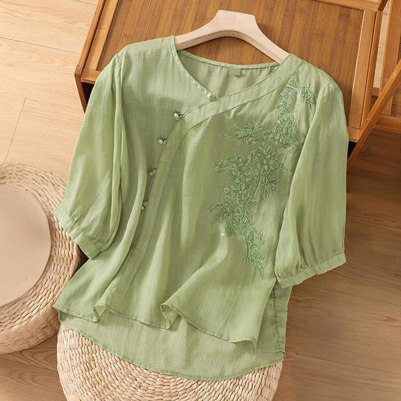 Camisa informal de manga corta con bordado de flores y botones de rana para mujer con Buddha Stones - image 1