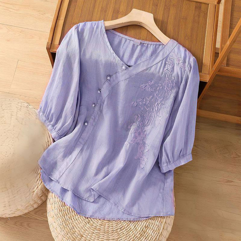 Camisa informal de manga corta con bordado de flores y botones de rana para mujer con Buddha Stones - image 3