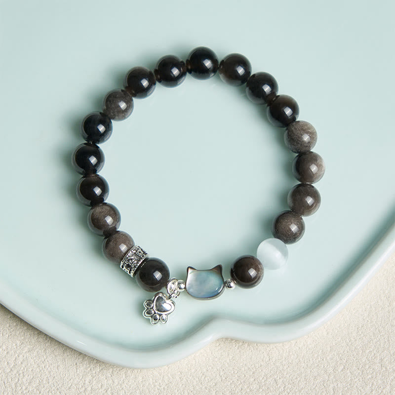 Buddha Stones Pulsera positiva de obsidiana plateada con brillo de ojo de gato blanco y cabeza de gato - image 11