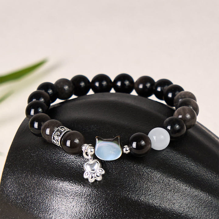 Buddha Stones Pulsera positiva de obsidiana plateada con brillo de ojo de gato blanco y cabeza de gato - Cuenta de obsidiana plateada brillante, tamaño 8 mm (circunferencia de la muñeca: 14-15 cm) - image 9