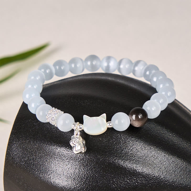 Buddha Stones Pulsera positiva de obsidiana plateada con brillo de ojo de gato blanco y cabeza de gato - Cuentas de ojo de gato blancas de 8 mm (circunferencia de la muñeca: 14-15 cm) - image 0