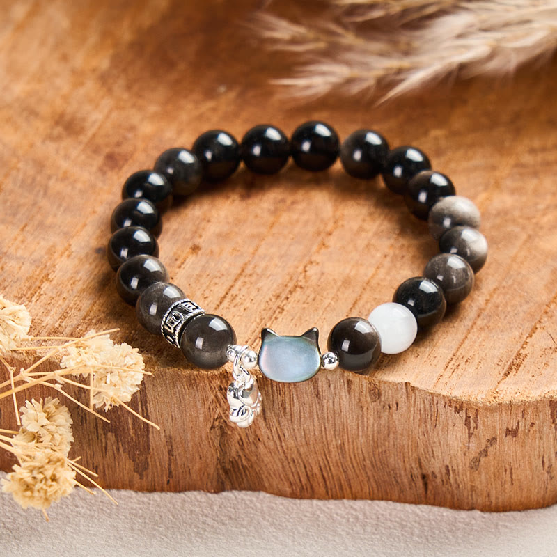 Buddha Stones Pulsera positiva de obsidiana plateada con brillo de ojo de gato blanco y cabeza de gato - image 10