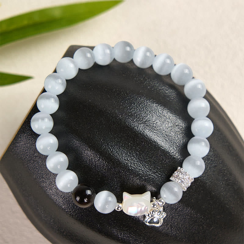 Buddha Stones Pulsera positiva de obsidiana plateada con brillo de ojo de gato blanco y cabeza de gato - image 2