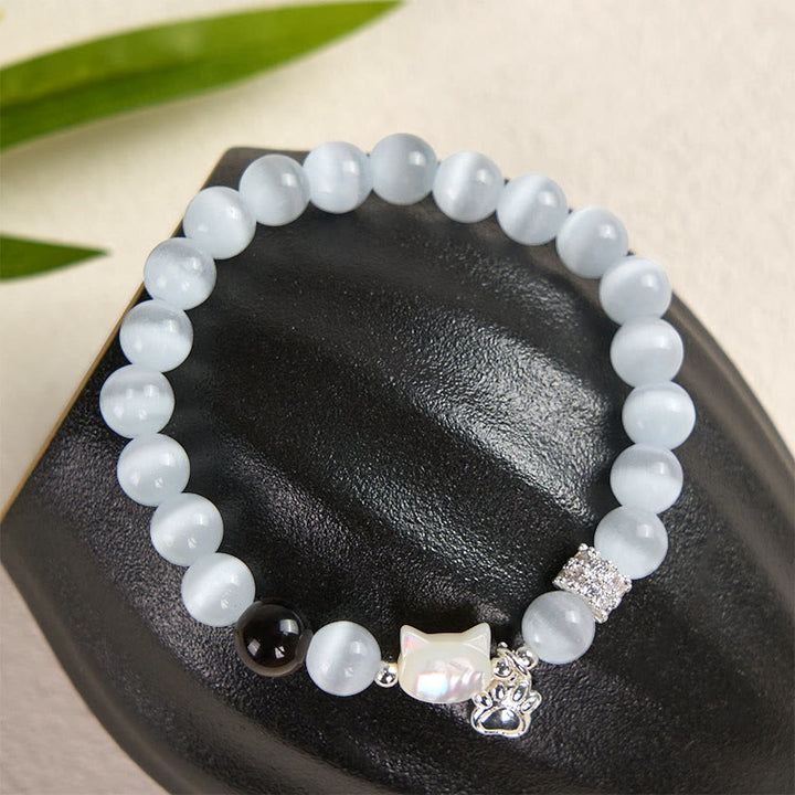 Buddha Stones Pulsera positiva de obsidiana plateada con brillo de ojo de gato blanco y cabeza de gato - image 2