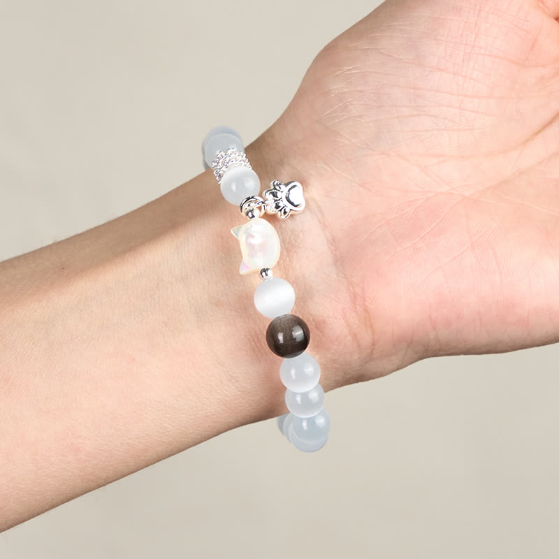 Buddha Stones Pulsera positiva de obsidiana plateada con brillo de ojo de gato blanco y cabeza de gato - image 4