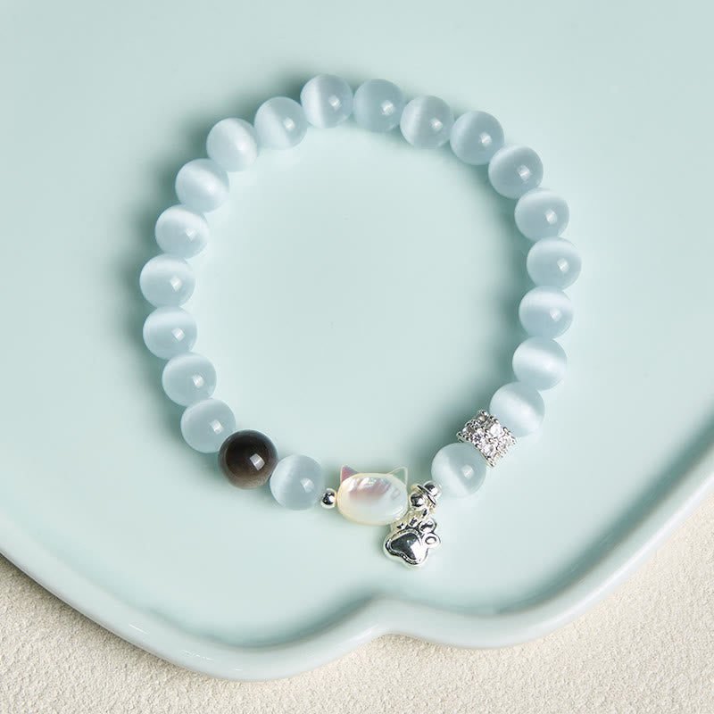 Buddha Stones Pulsera positiva de obsidiana plateada con brillo de ojo de gato blanco y cabeza de gato - image 3