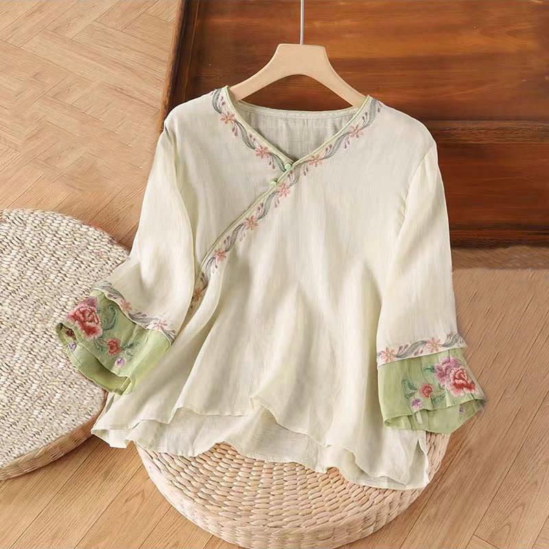 Camisa de algodón para mujer con manga tres cuartos y diseño de botones bordados retro de primavera con Buddha Stones - Almendra blanqueada - US12, UK/AU16, EU44 (4XL) - image 0
