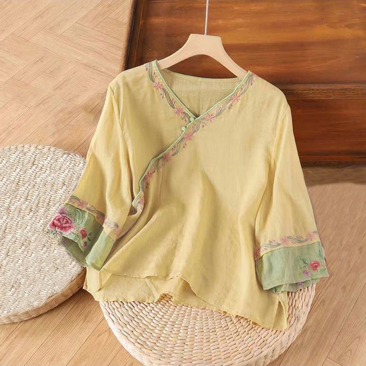 Camisa de algodón para mujer con manga tres cuartos y diseño de botones bordados retro de primavera con Buddha Stones - Caqui - US12, UK/AU16, EU44 (4XL) - image 4