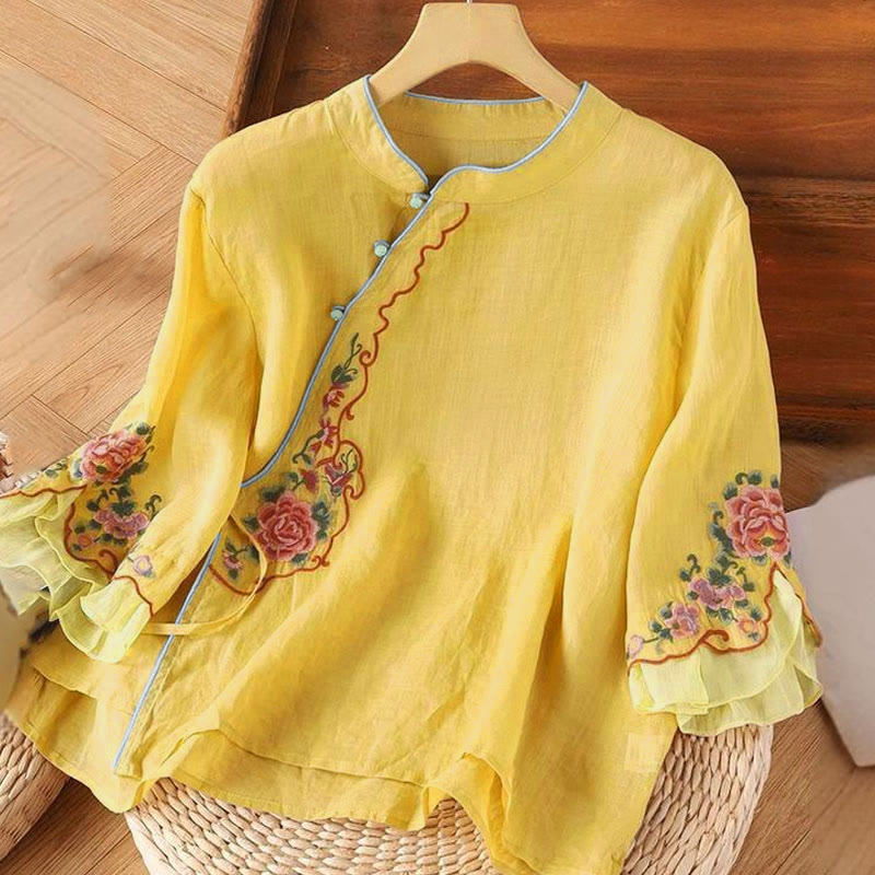 Camisa informal holgada de manga tres cuartos con bordado de peonías y botones de rana para mujer con Buddha Stones - Oro - US14, UK/AU18, EU46 (4XL) - image 0