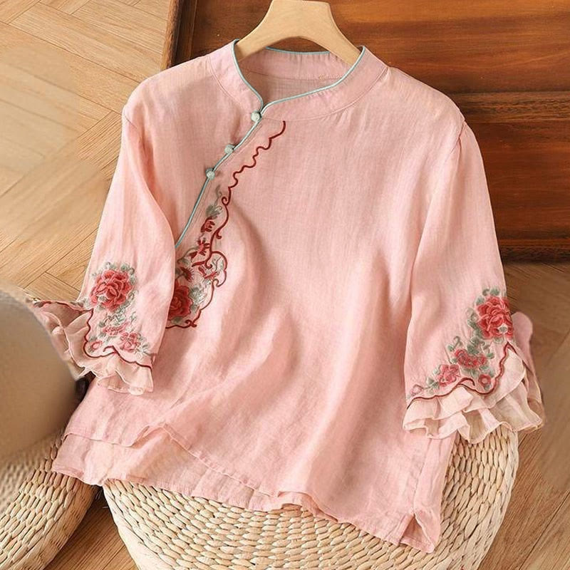 Camisa informal holgada de manga tres cuartos con bordado de peonías y botones de rana para mujer con Buddha Stones - Rosa - US12, UK/AU16, EU44 (4XL) - image 1
