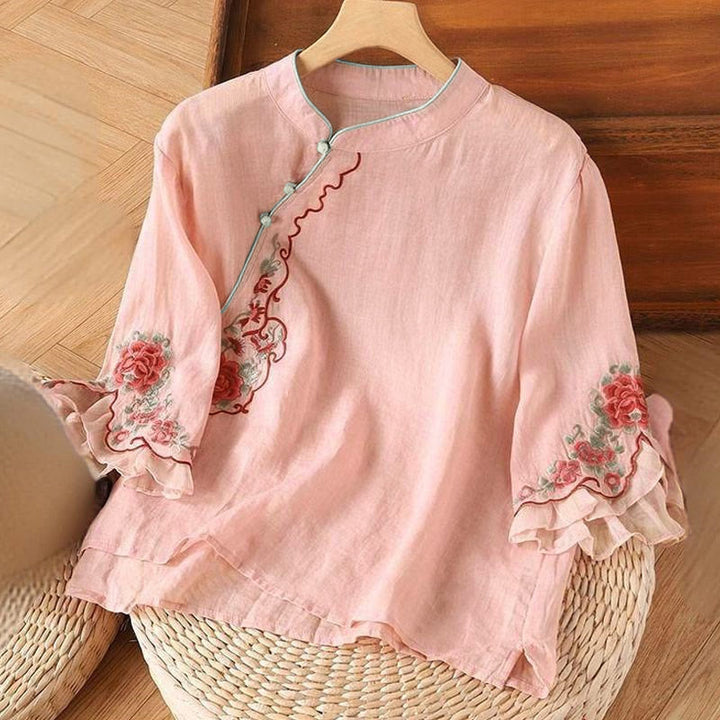 Camisa informal holgada de manga tres cuartos con bordado de peonías y botones de rana para mujer con Buddha Stones - Rosa - US12, UK/AU16, EU44 (4XL) - image 1
