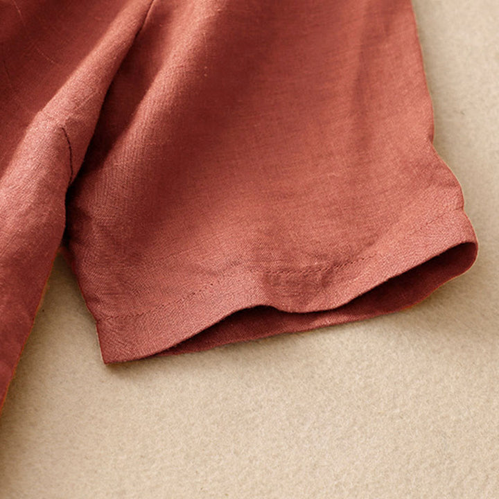 Buddha Stones Camisa de algodón de verano para mujer, de manga corta, con cuello alto, abertura lateral y botones de rana - image 9